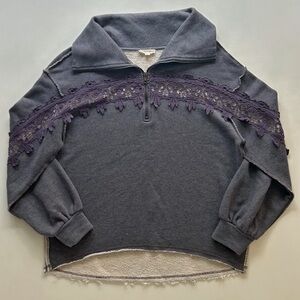 Oddy Dark Gray Lace Trim Quarter Zip Pullover Raw Edge Collared Top Size M/L